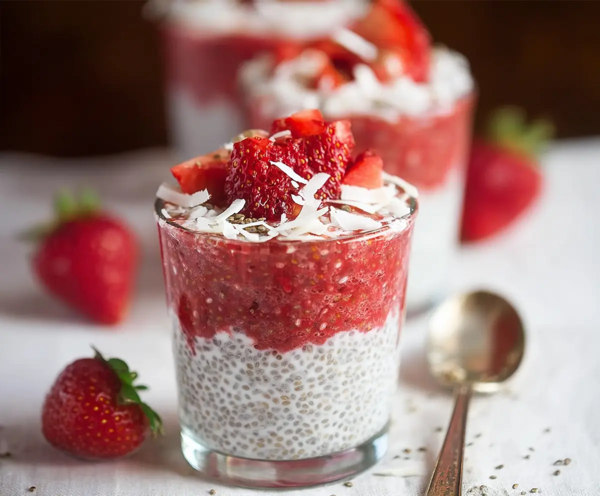 Delicious strawberry coconut chia pudding served in a glass bowl topped with fresh strawberries and shredded coconut.