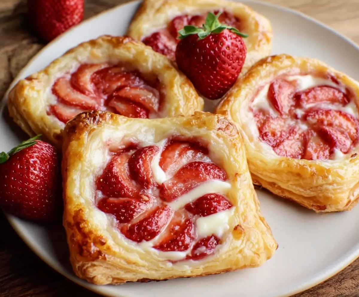 Delicious strawberry cream cheese danishes with flaky pastry and fresh strawberries on top