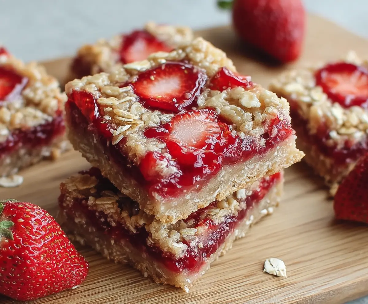 Delicious strawberry oatmeal bars with fresh strawberries and oat topping ready to be served.