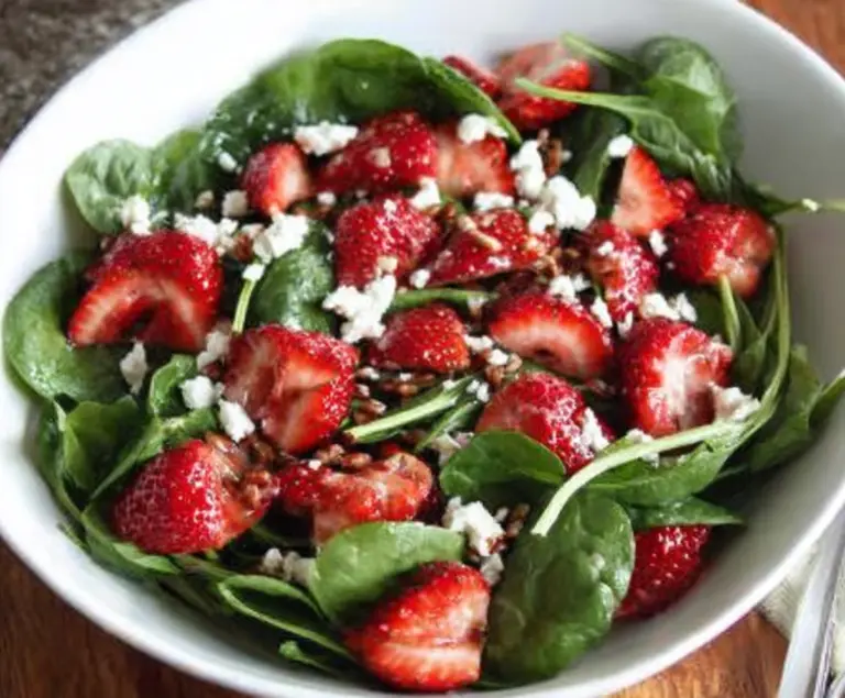 Fresh strawberry spinach salad topped with creamy goat cheese and walnuts.