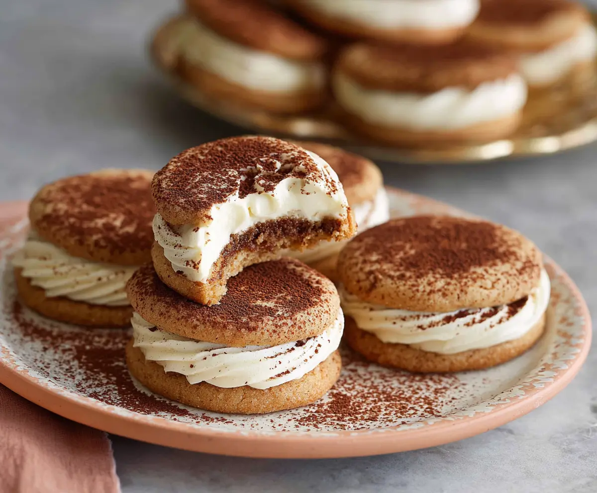 Delicious Tiramisu Cookies with layered mascarpone and cocoa powder topping.