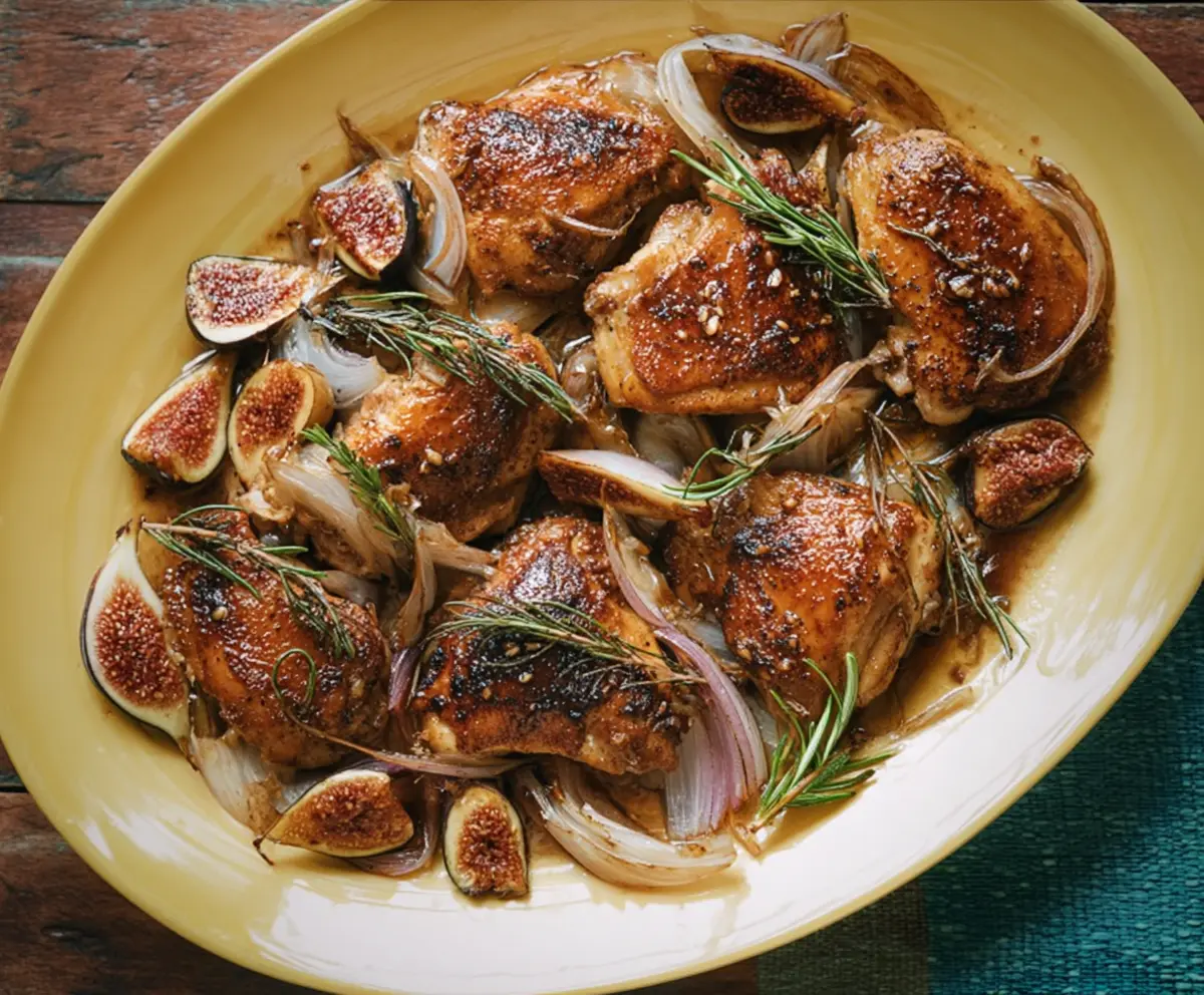 Delicious Vinegar Chicken with fresh figs on a rustic plate, showcasing a savory and sweet main dish.