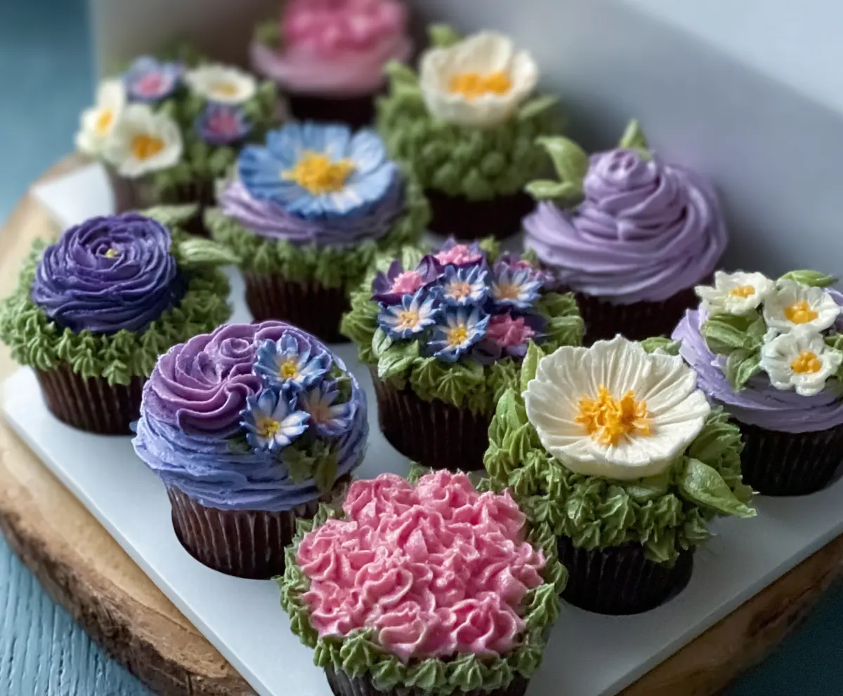 Colorful viral wildflower cupcakes topped with vibrant edible flowers and swirls of frosting for a stunning dessert presentation.