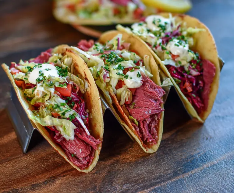 Delicious Corned Beef Tacos topped with fresh herbs and colorful vegetables, served on a white plate.