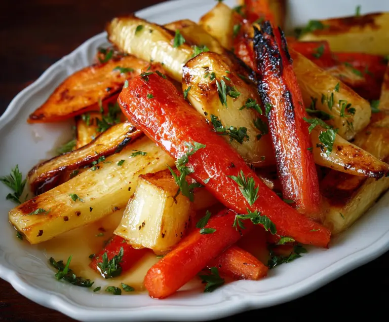 Golden roasted carrots and parsnips glazed with honey and garlic, perfect for a healthy side dish.