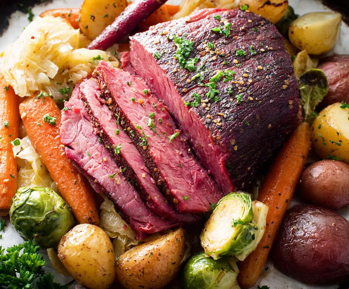 Delicious sheet pan corned beef and cabbage meal with colorful vegetables ready to serve