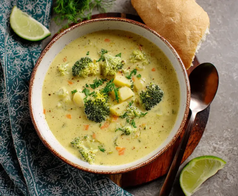 Creamy vegan broccoli and potato soup served in a bowl, garnished with fresh herbs.
