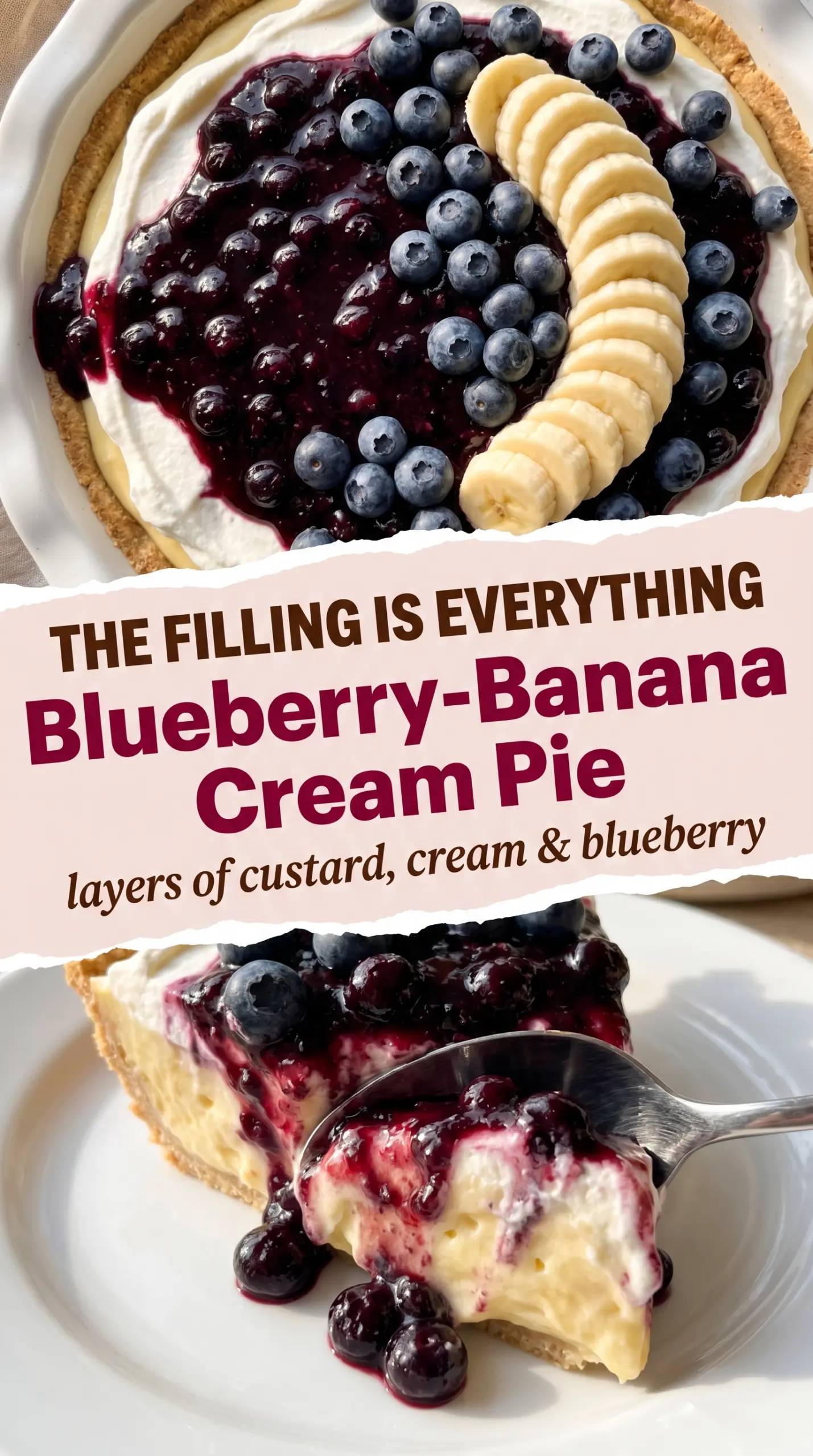 Blueberry-banana cream pie, silky custard, jammy topping