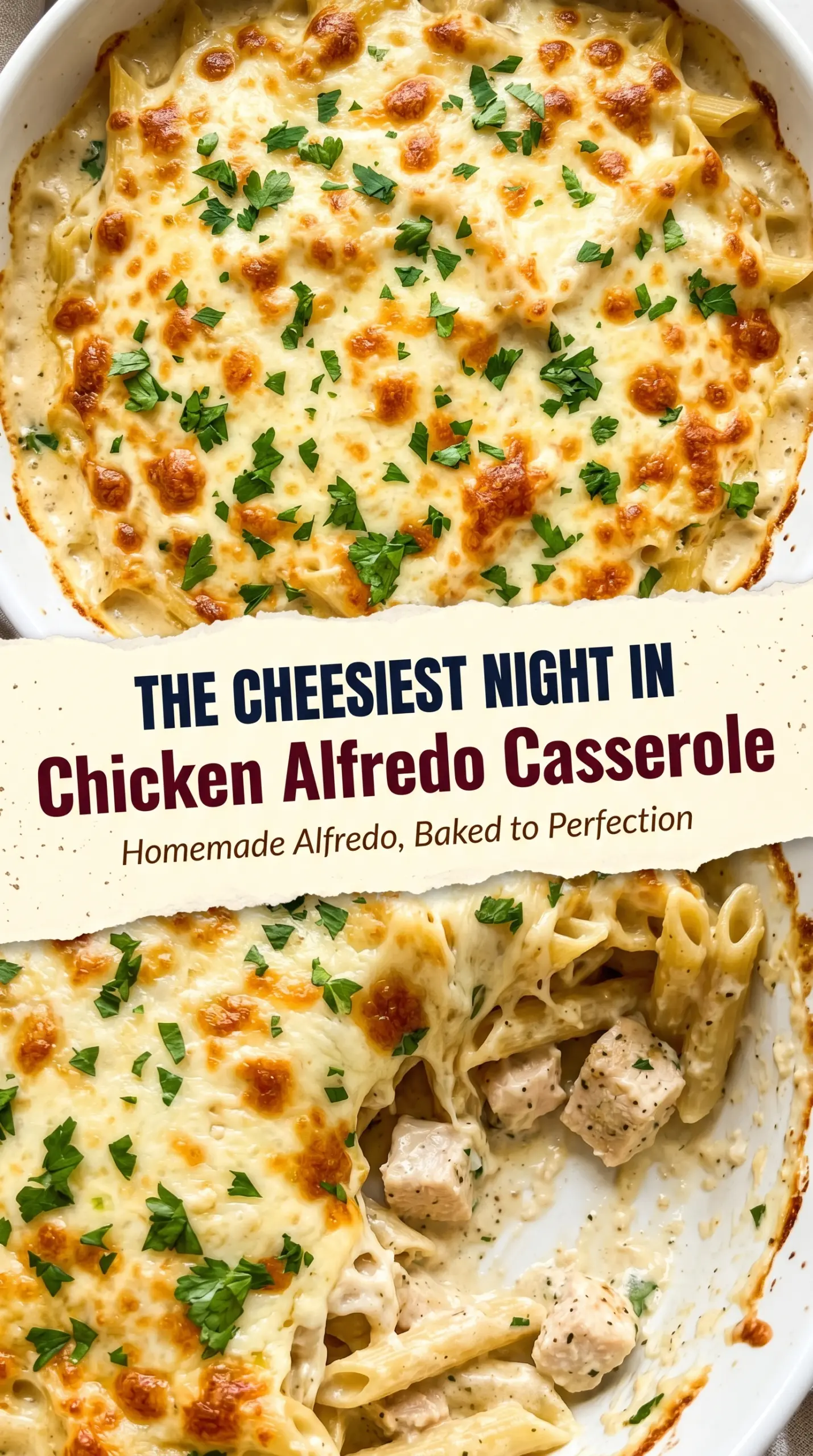 Chicken Alfredo casserole with penne