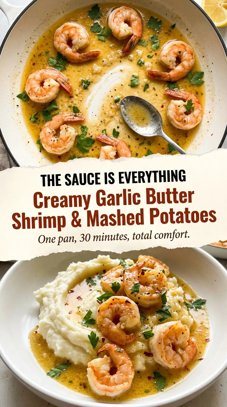 Creamy garlic butter shrimp with mashed potatoes, rich and buttery
