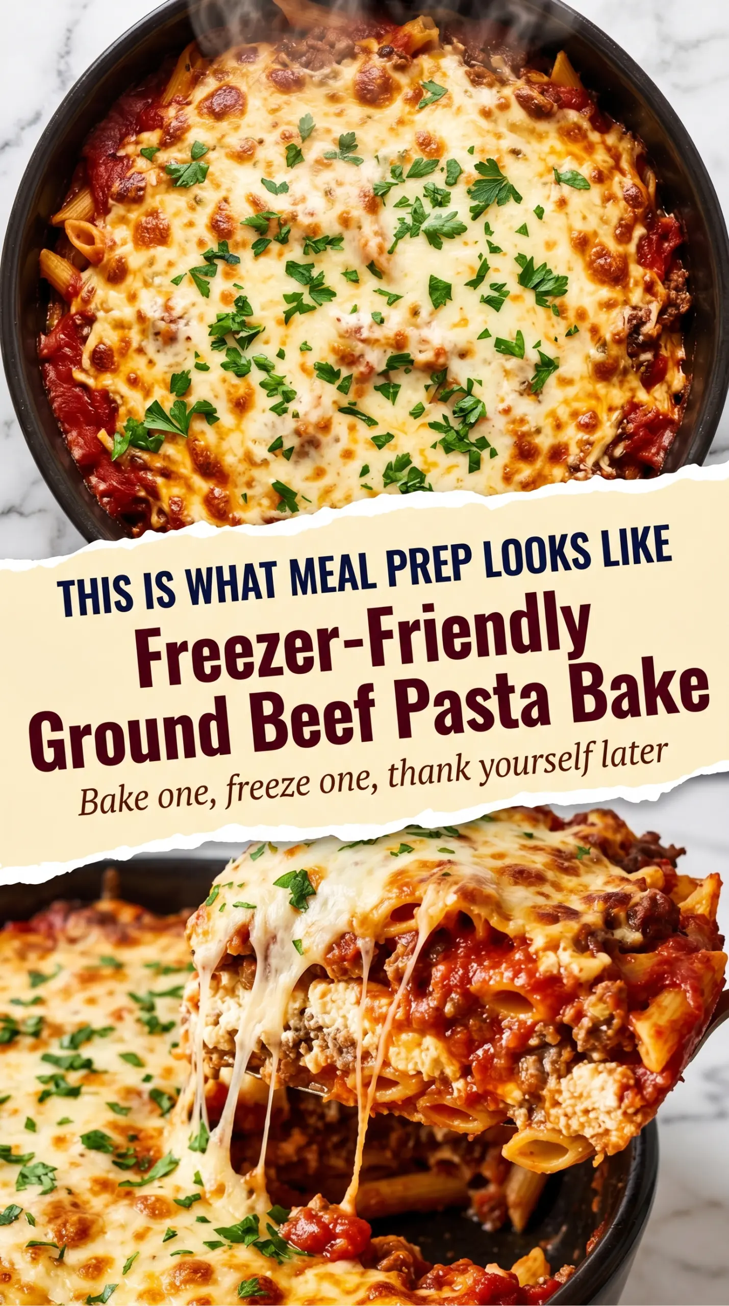 Freezer-Friendly Ground Beef Pasta Bake, cheesy, hearty, make-ahead