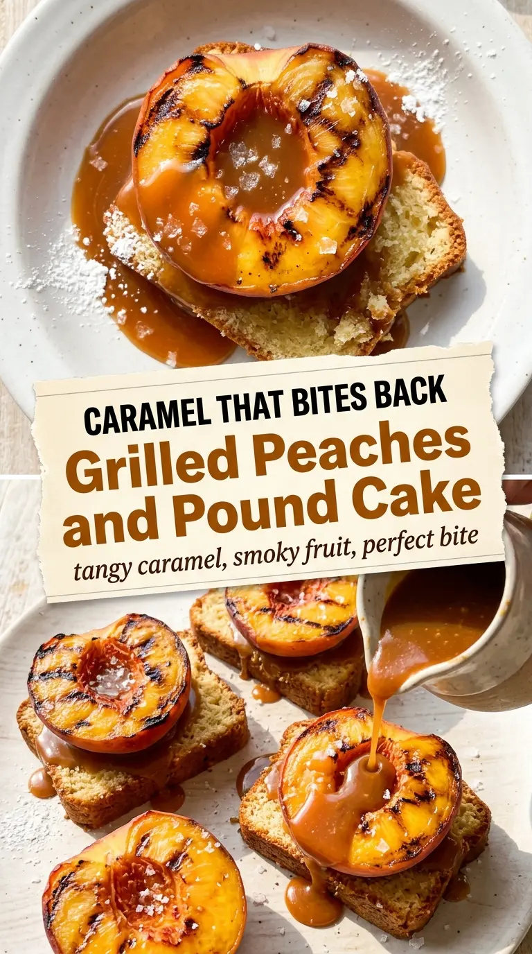 Grilled peaches and pound cake with cider vinegar caramel, smoky sweet