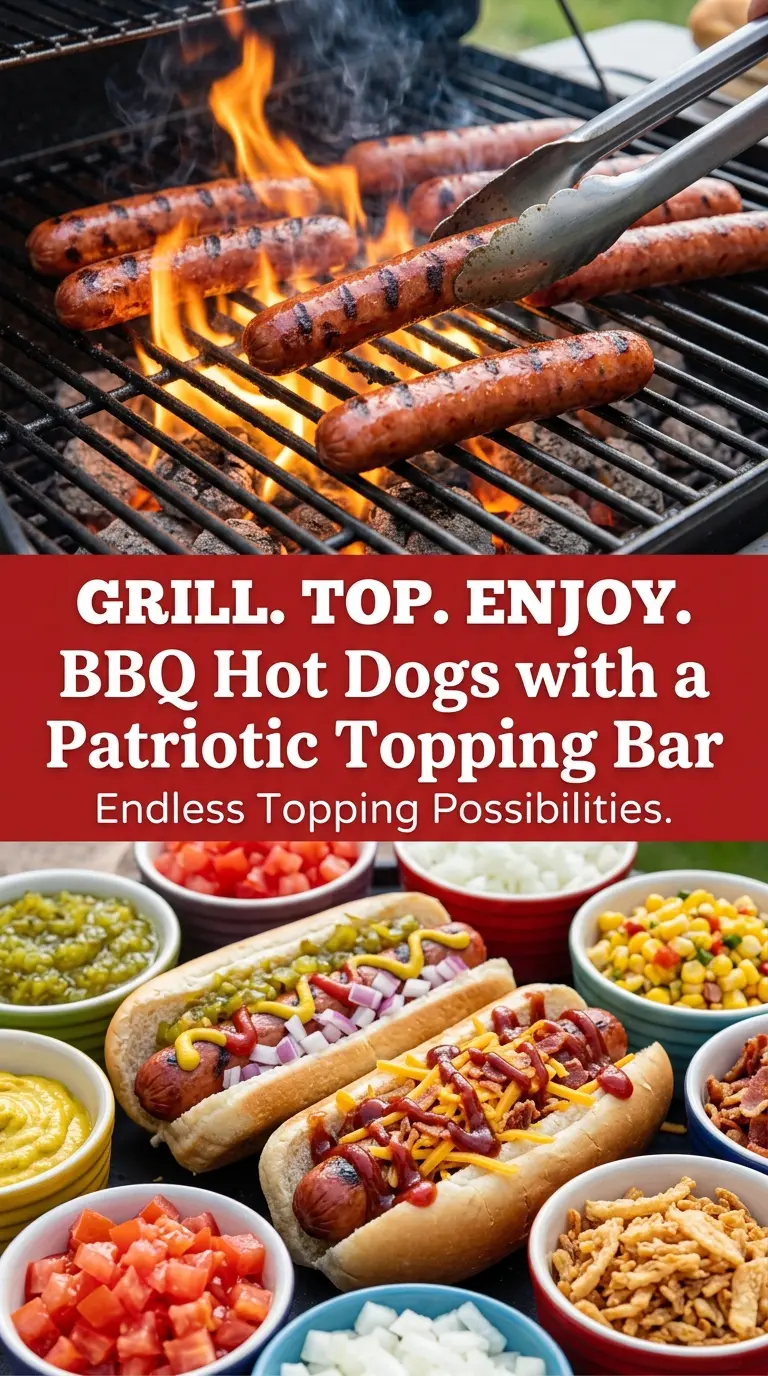 BBQ Hot Dogs with a Patriotic Topping Bar colorful grilled