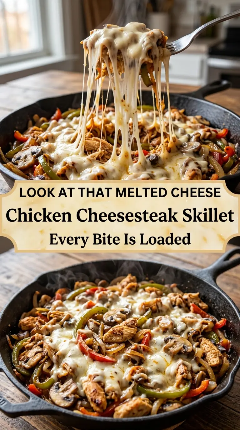 Chicken Cheesesteak Skillet juicy peppers melty provolone