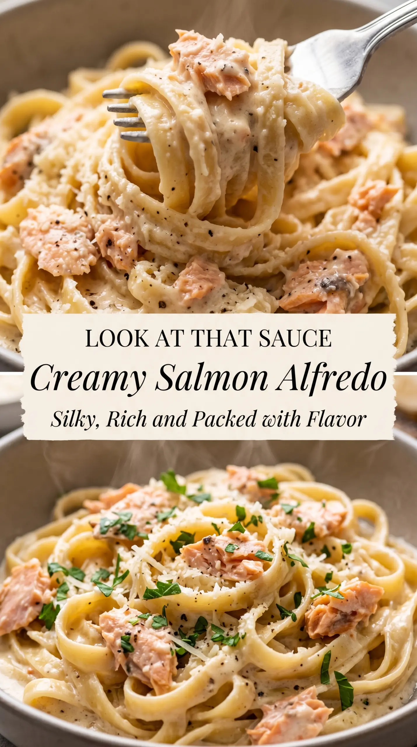Creamy Salmon Alfredo flaky Parmesan pasta