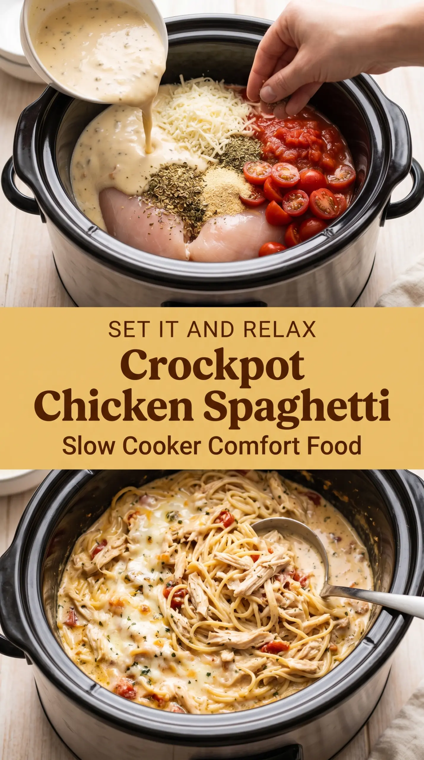 Crockpot Chicken Spaghetti creamy cheesy