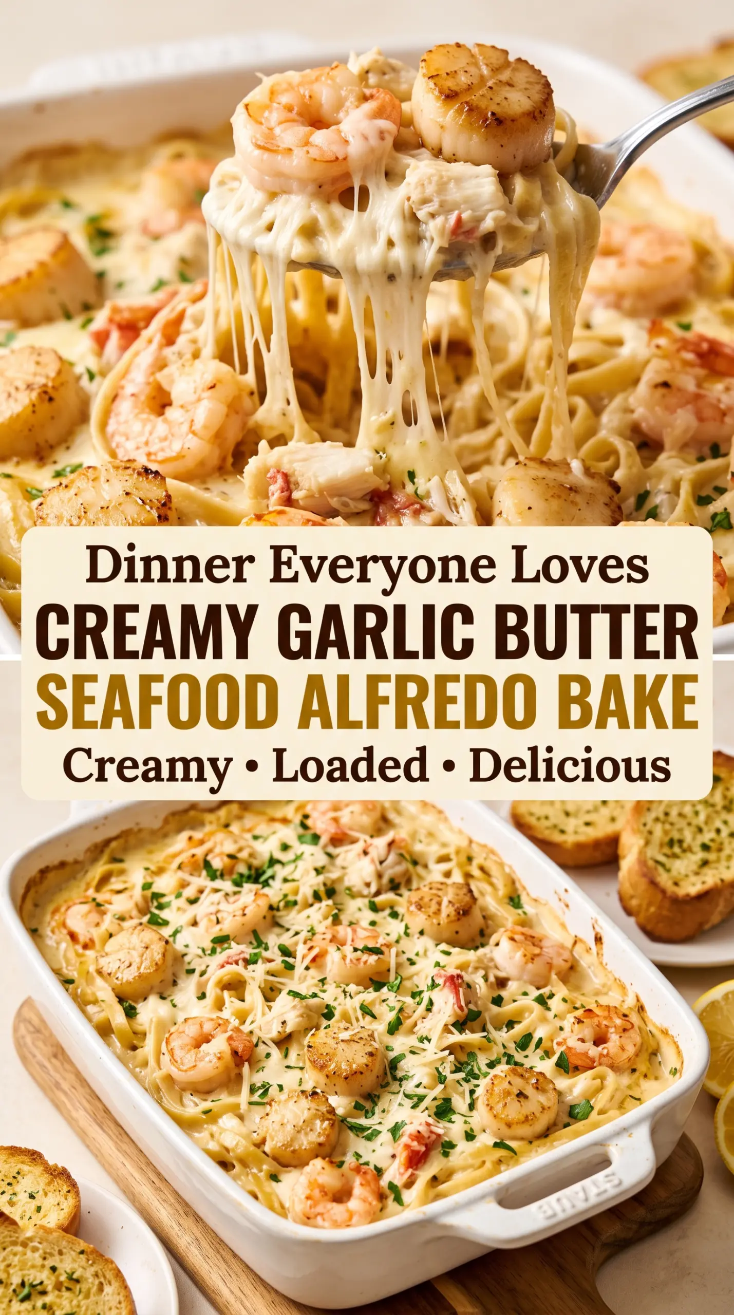 Creamy Garlic Butter Seafood Alfredo Bake rich cheesy bubbling