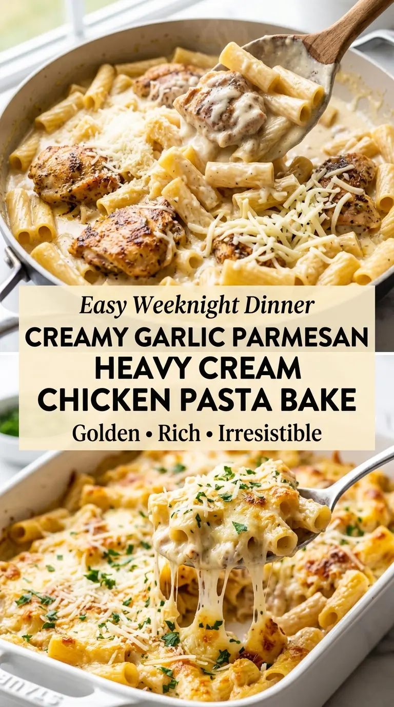 Creamy Garlic Parmesan Heavy Cream Chicken Pasta Bake