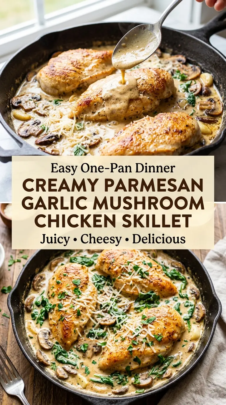 Creamy Parmesan Garlic Mushroom Chicken Skillet creamy savory skillet dinner