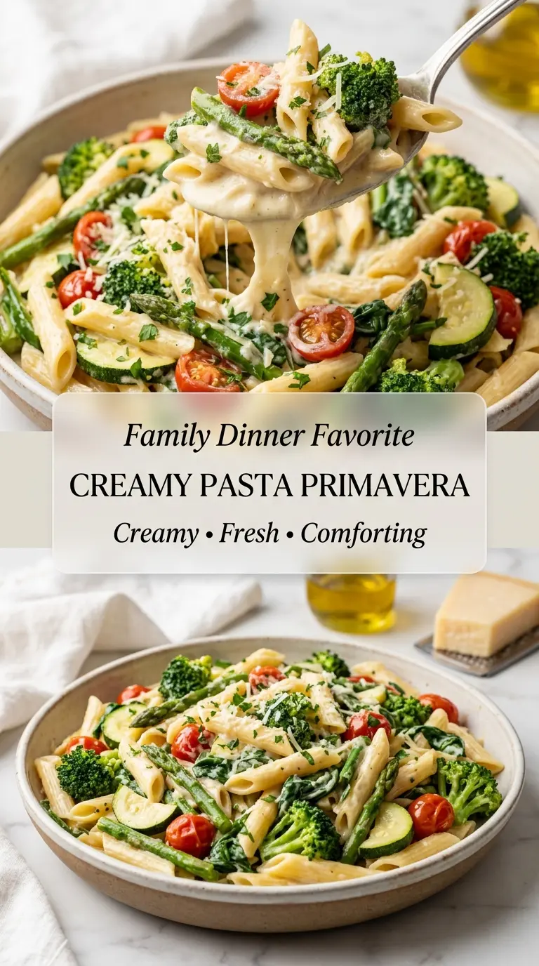 Creamy Pasta Primavera bright vegetables, silky sauce