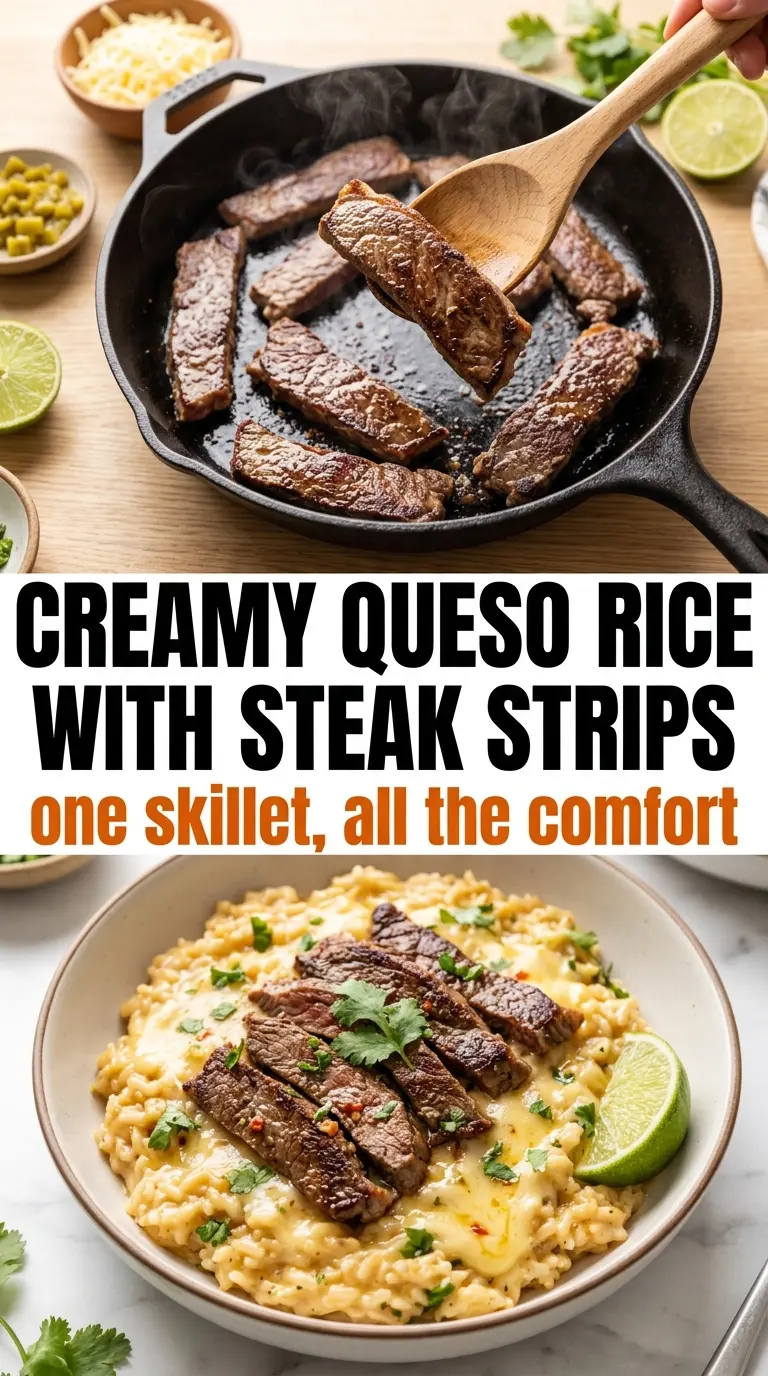 Creamy Queso Rice with Steak Strips smoky cheesy