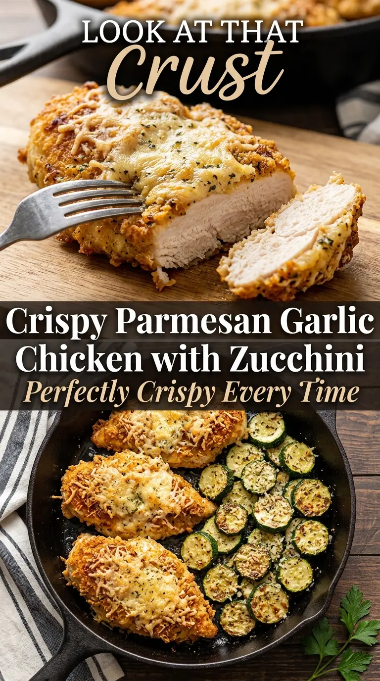 Crispy Parmesan Garlic Chicken with zucchini, golden crust, one-pan