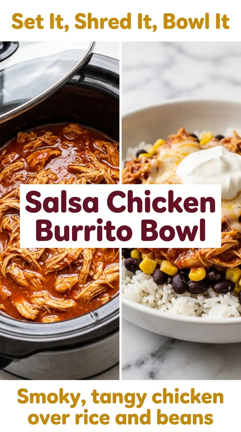 Crockpot Salsa Chicken Burrito Bowl juicy shredded Tex-Mex