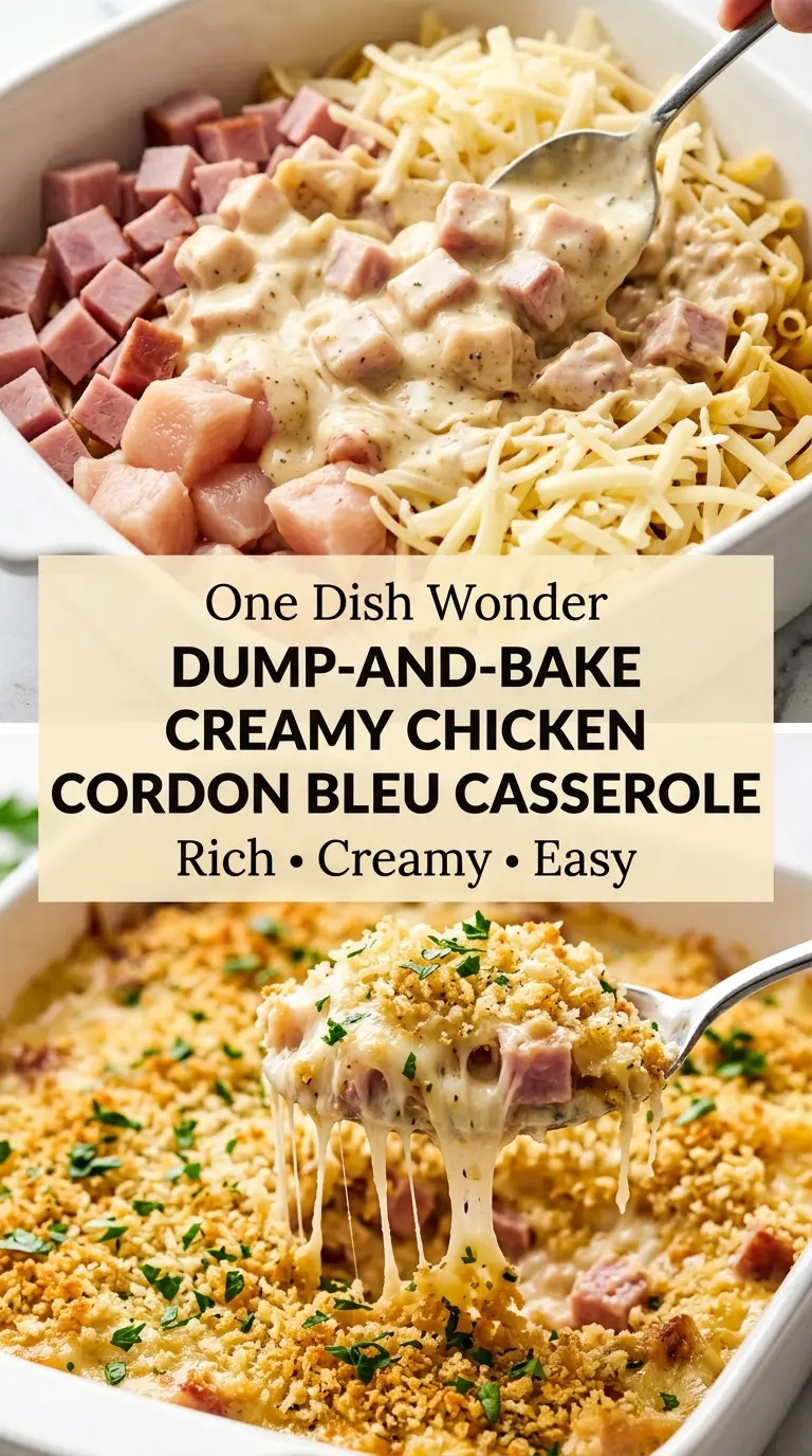 Dump-and-Bake Creamy Chicken Cordon Bleu Casserole creamy cheesy baked pasta