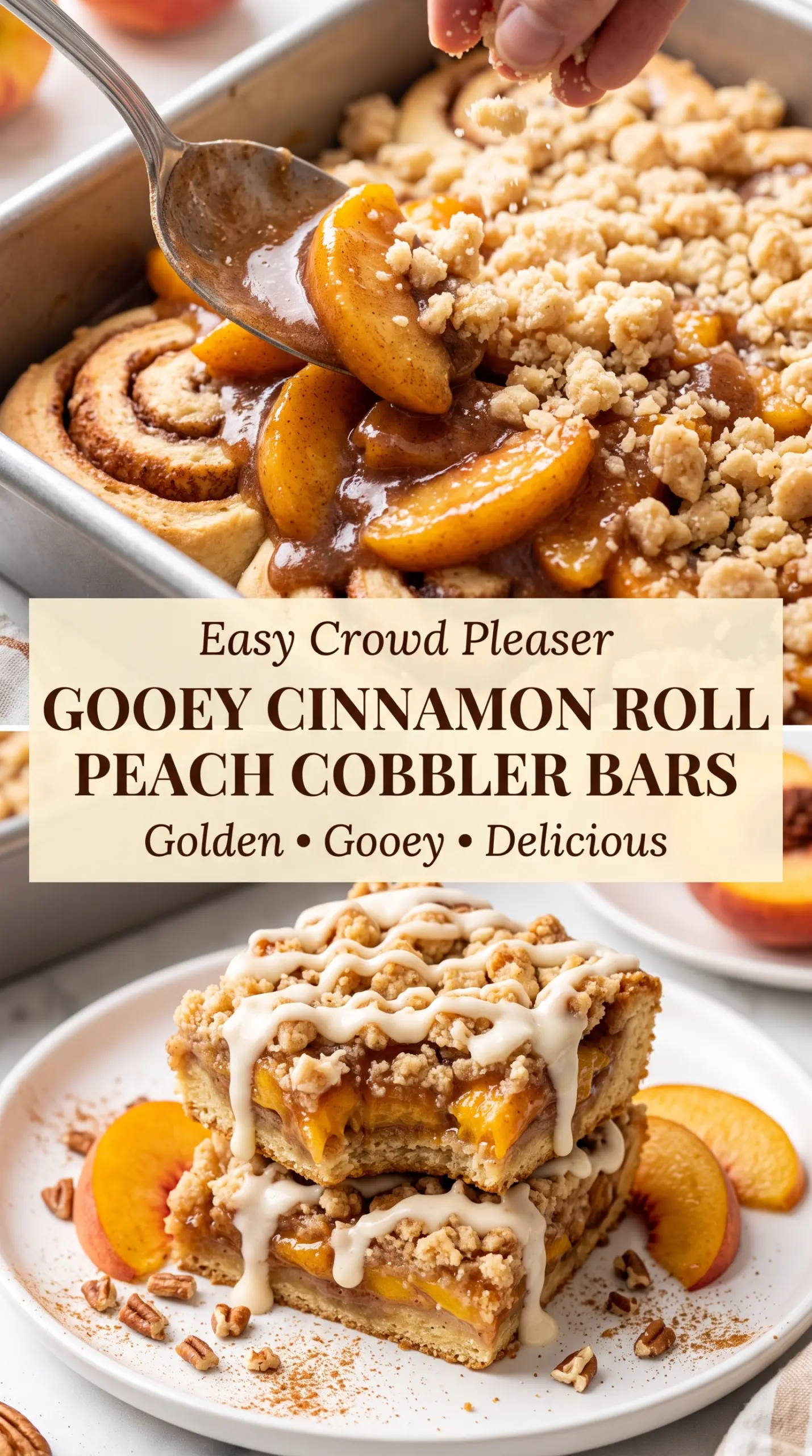 Gooey Cinnamon Roll Peach Cobbler Bars