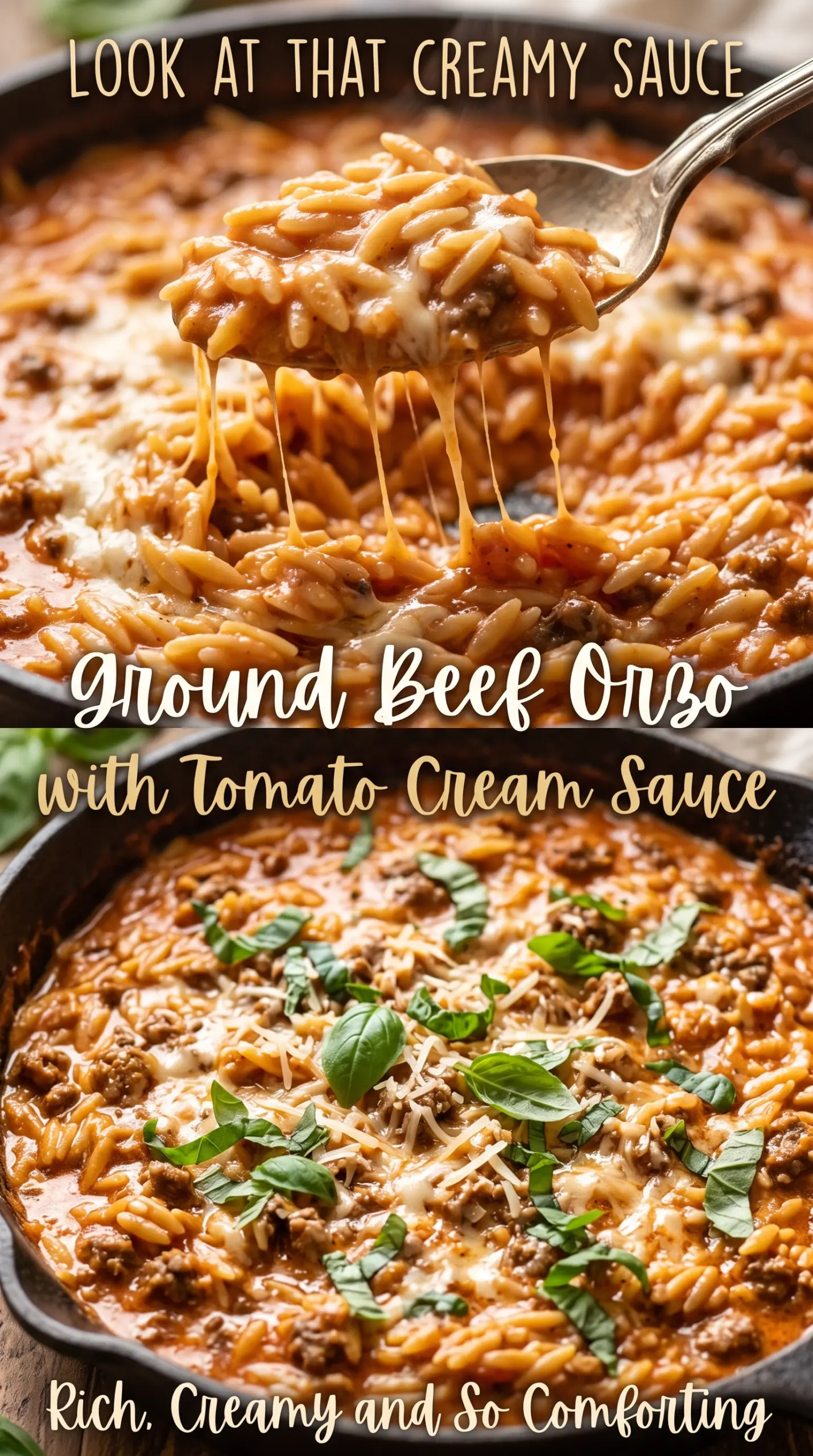 Ground Beef Orzo with Tomato Cream Sauce creamy one-pan