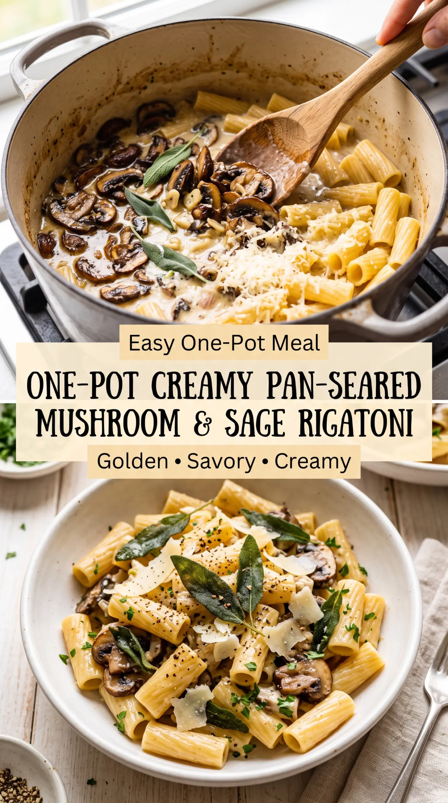 One-Pot Creamy Pan-Seared Mushroom & Sage Rigatoni