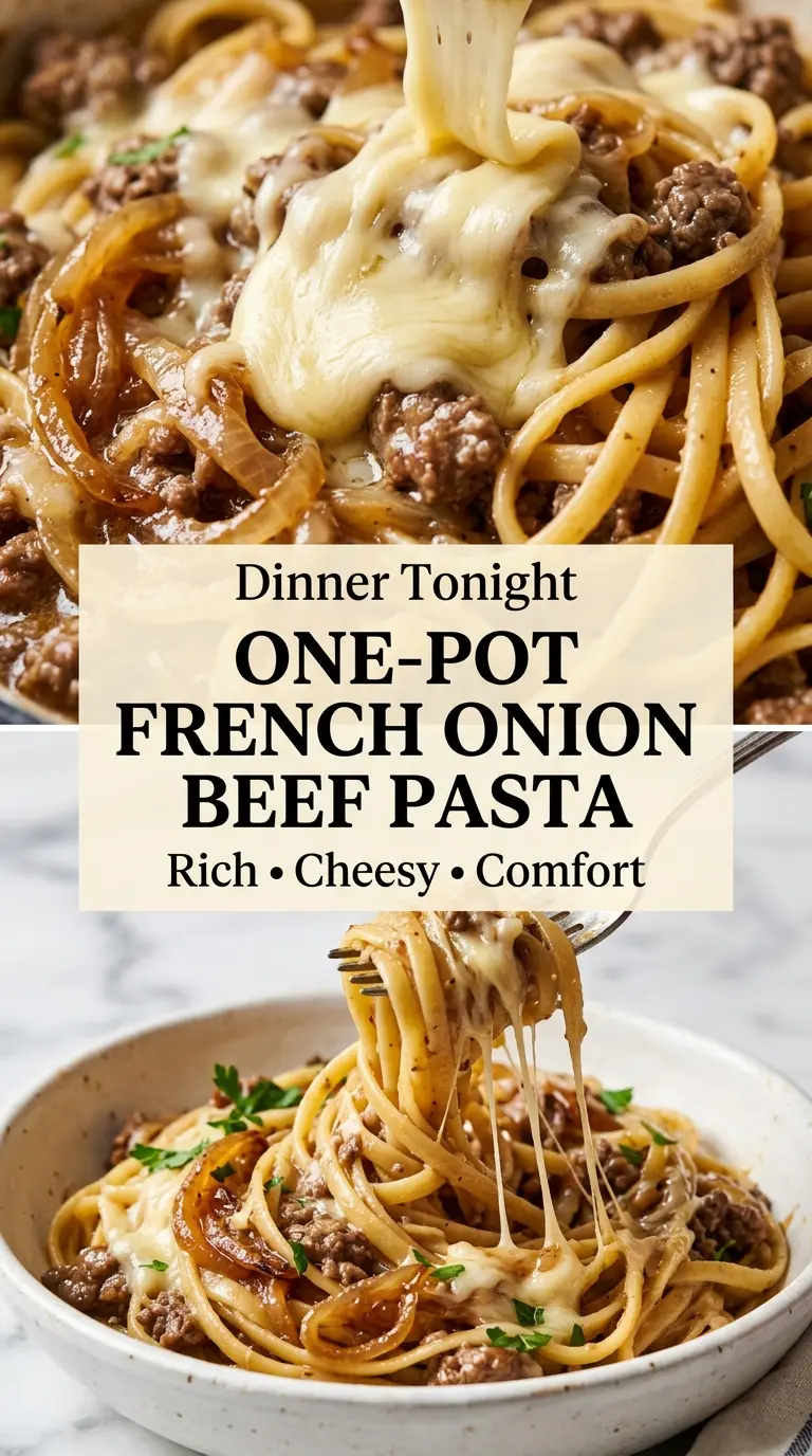 One-Pot French Onion Beef Pasta, creamy, caramelized