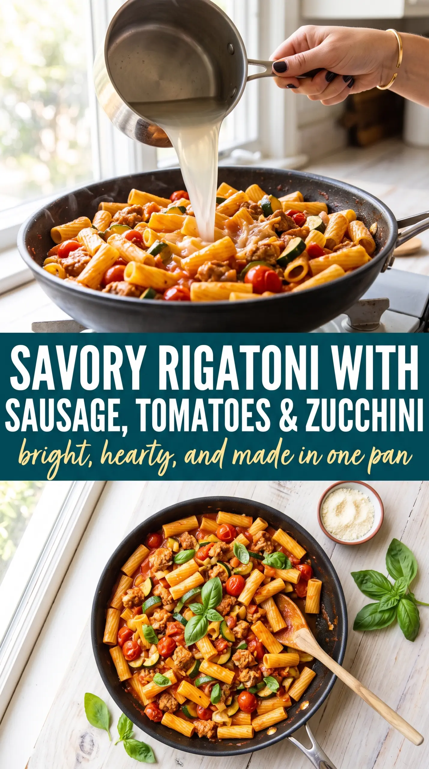Rigatoni with sausage, tomatoes, and zucchini hearty saucy pasta