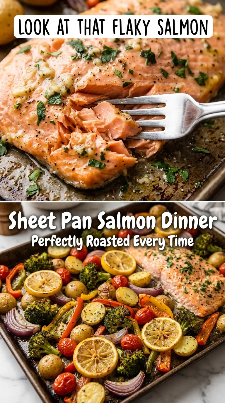 sheet pan salmon dinner roasted vegetables lemon