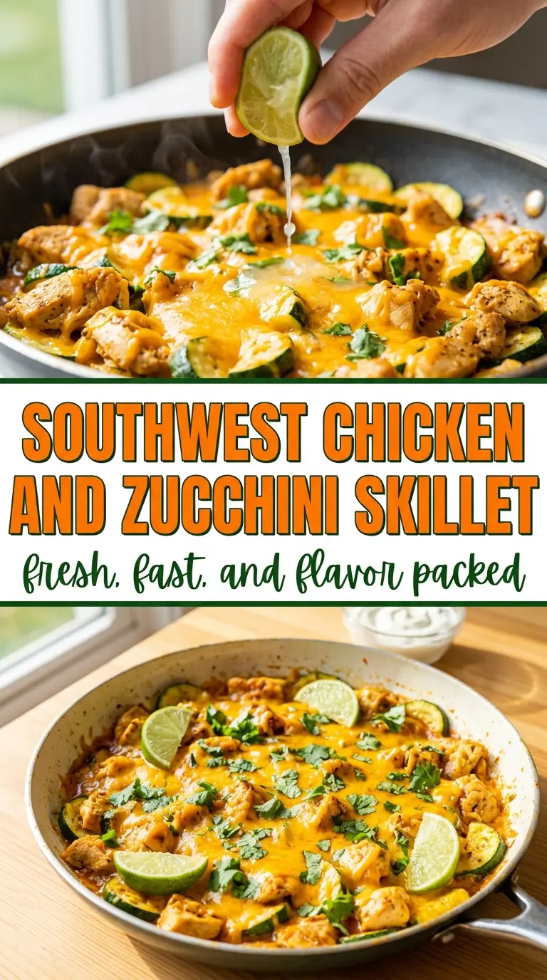 Tex Mex Chicken and Zucchini smoky skillet, melted cheddar, lime
