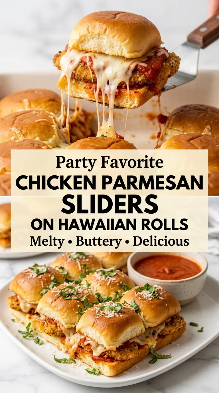 Chicken Parmesan Sliders on Hawaiian Rolls, cheesy, golden, baked