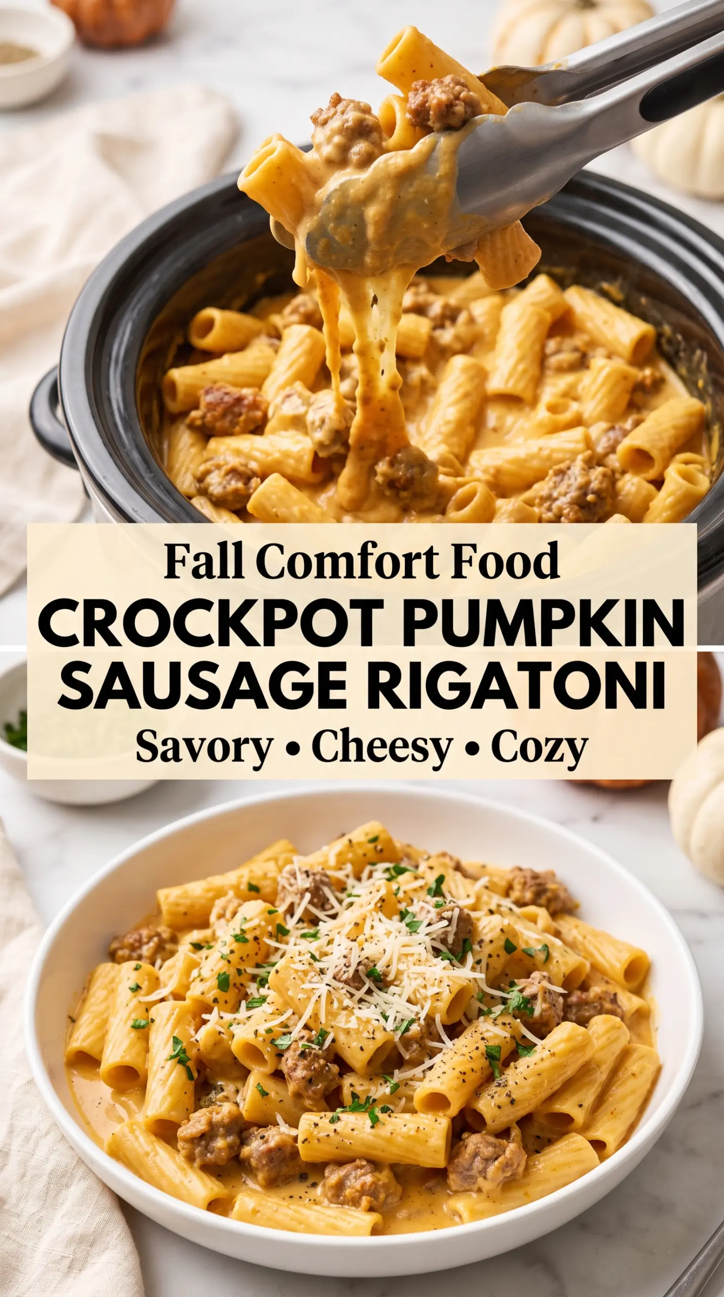 Crockpot Pumpkin Sausage Rigatoni creamy cozy pasta