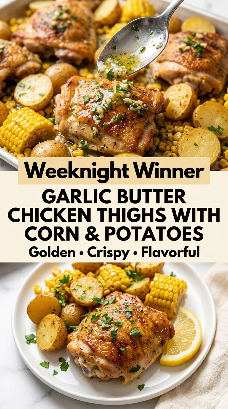 Garlic butter chicken thighs with corn and potatoes, crispy sheet pan, savory roasted