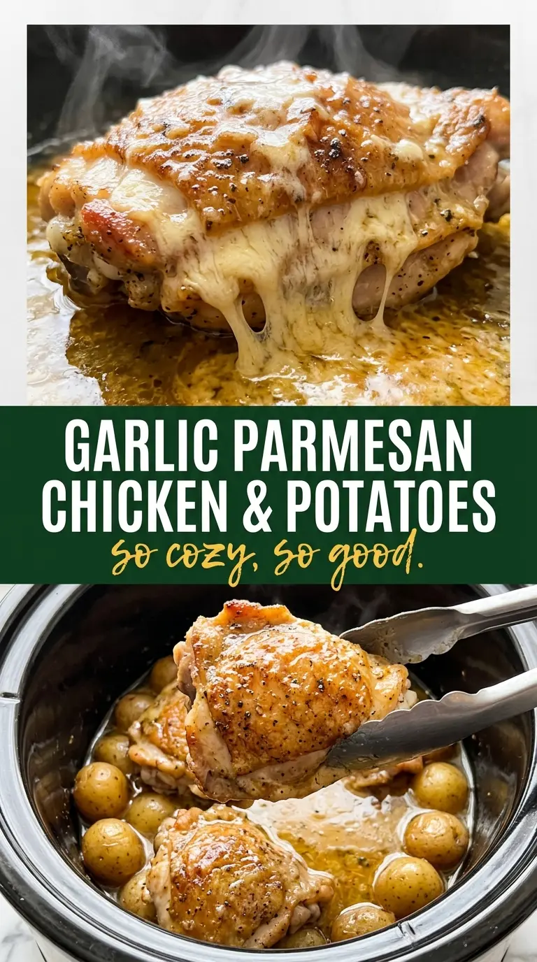 Garlic Parmesan Crockpot Chicken and Potatoes, tender, creamy, cheesy
