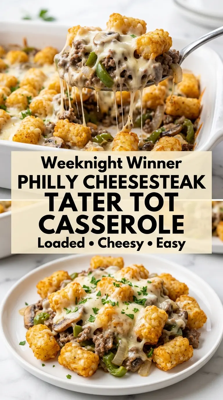 Philly Cheesesteak Tater Tot Casserole savory crispy creamy
