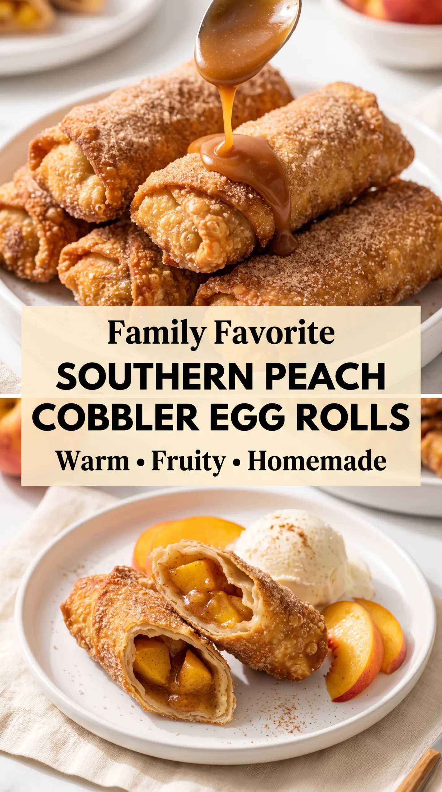 Southern Peach Cobbler Egg Rolls crispy cinnamon-sugar