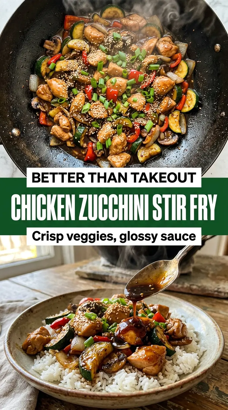 Chicken Zucchini Stir Fry with garlic-ginger sauce, crisp vegetables