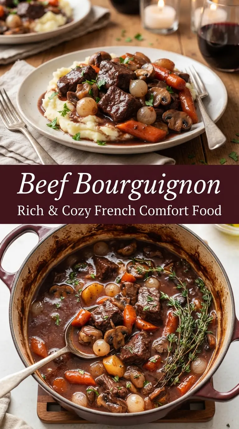 Classic French Beef Bourguignon Dutch oven red wine stew, rich and hearty