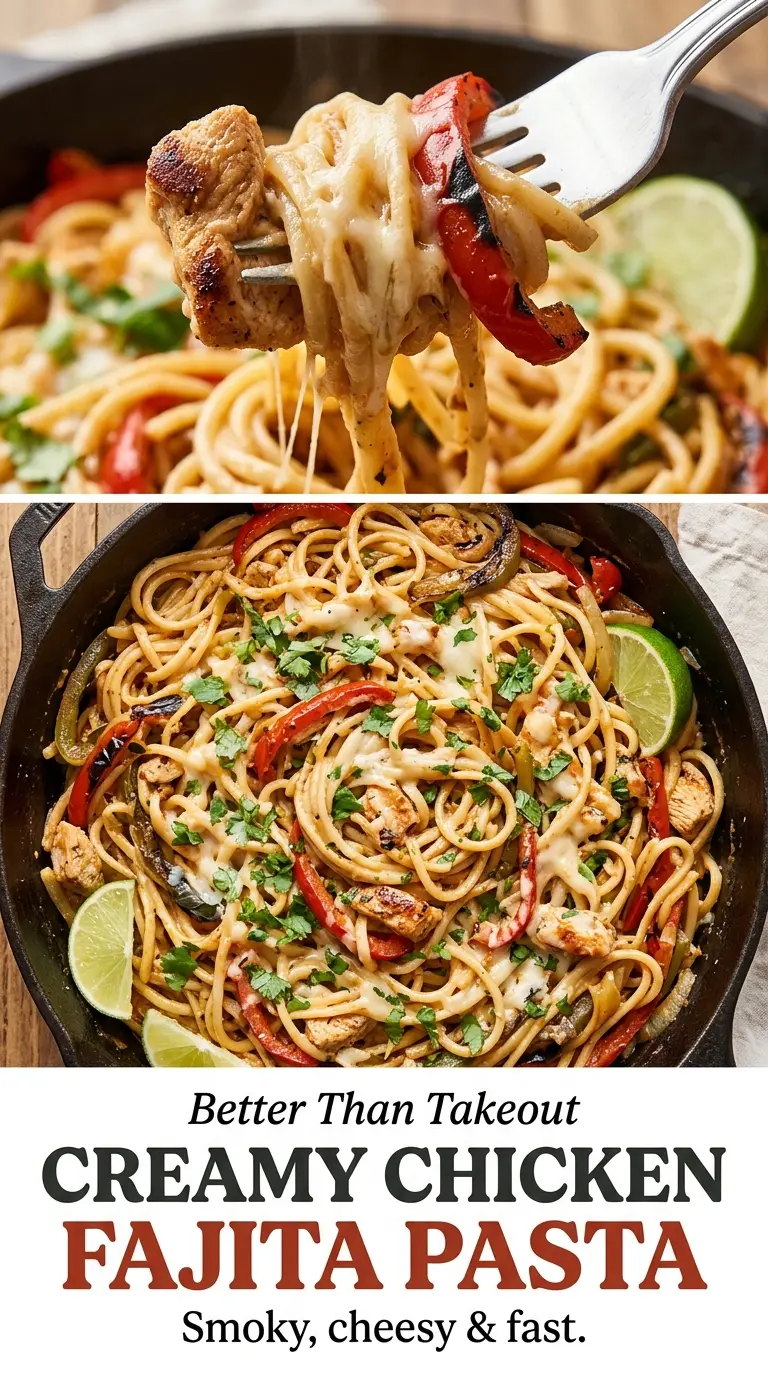 Creamy Chicken Fajita Pasta with smoky, cheesy, creamy notes