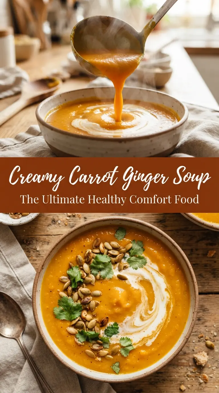 Creamy carrot ginger soup with coconut milk, silky, vibrant, cozy