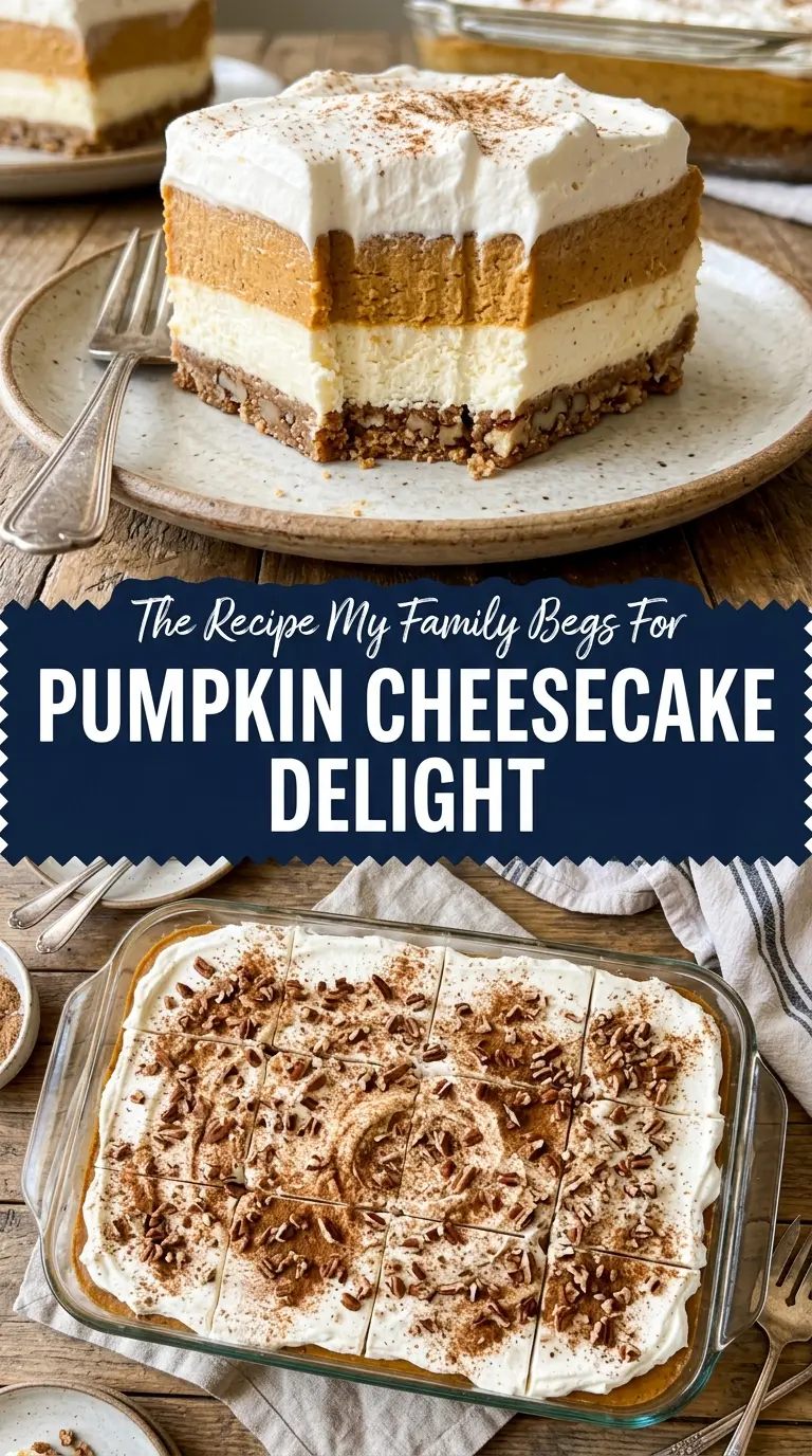 Pumpkin Cheesecake Delight no-bake layered dessert, creamy pumpkin, pecan crust