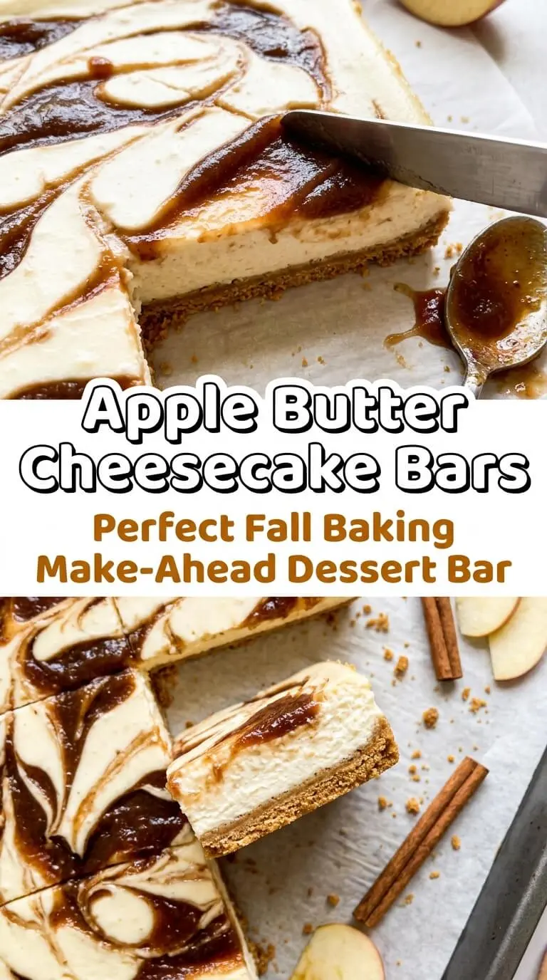 Apple Butter Cheesecake Bars sliced showing swirled apple butter filling