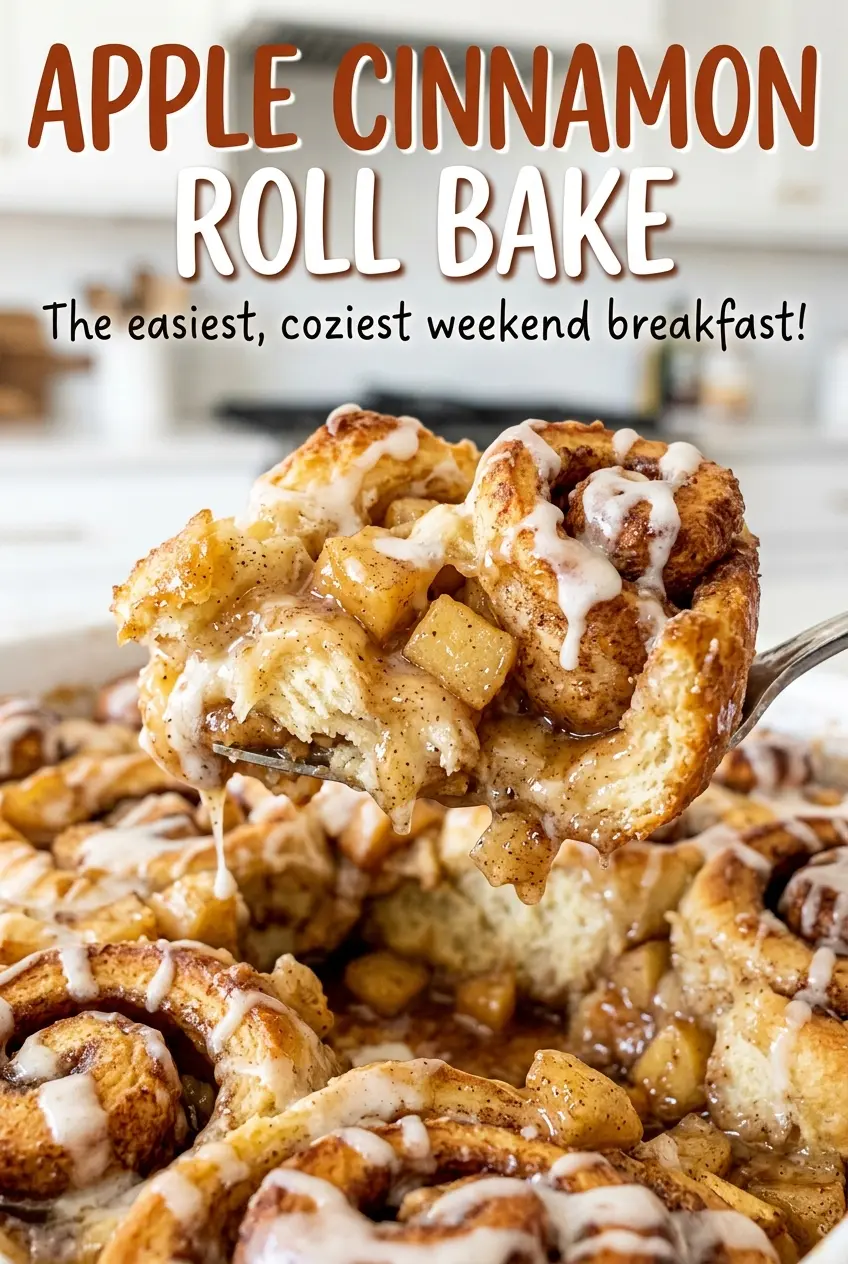 Apple Cinnamon Roll Bake with golden, glazed rolls