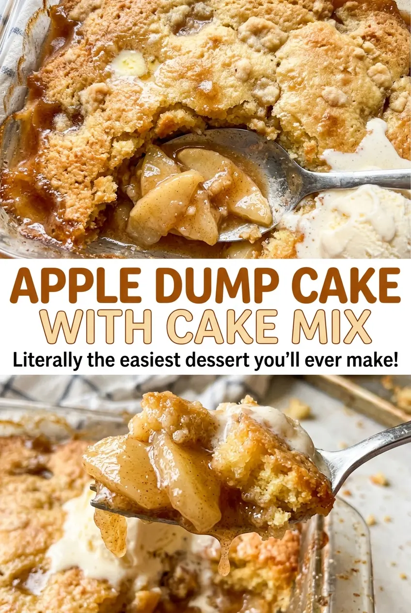 Apple dump cake with cake mix, golden crisp topping