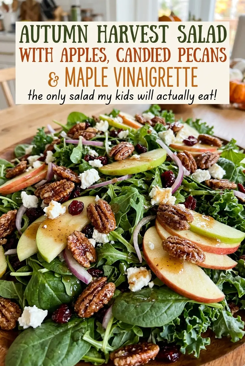 Autumn Harvest Salad with Apples, Candied Pecans and Maple Vinaigrette, crisp colorful bowl